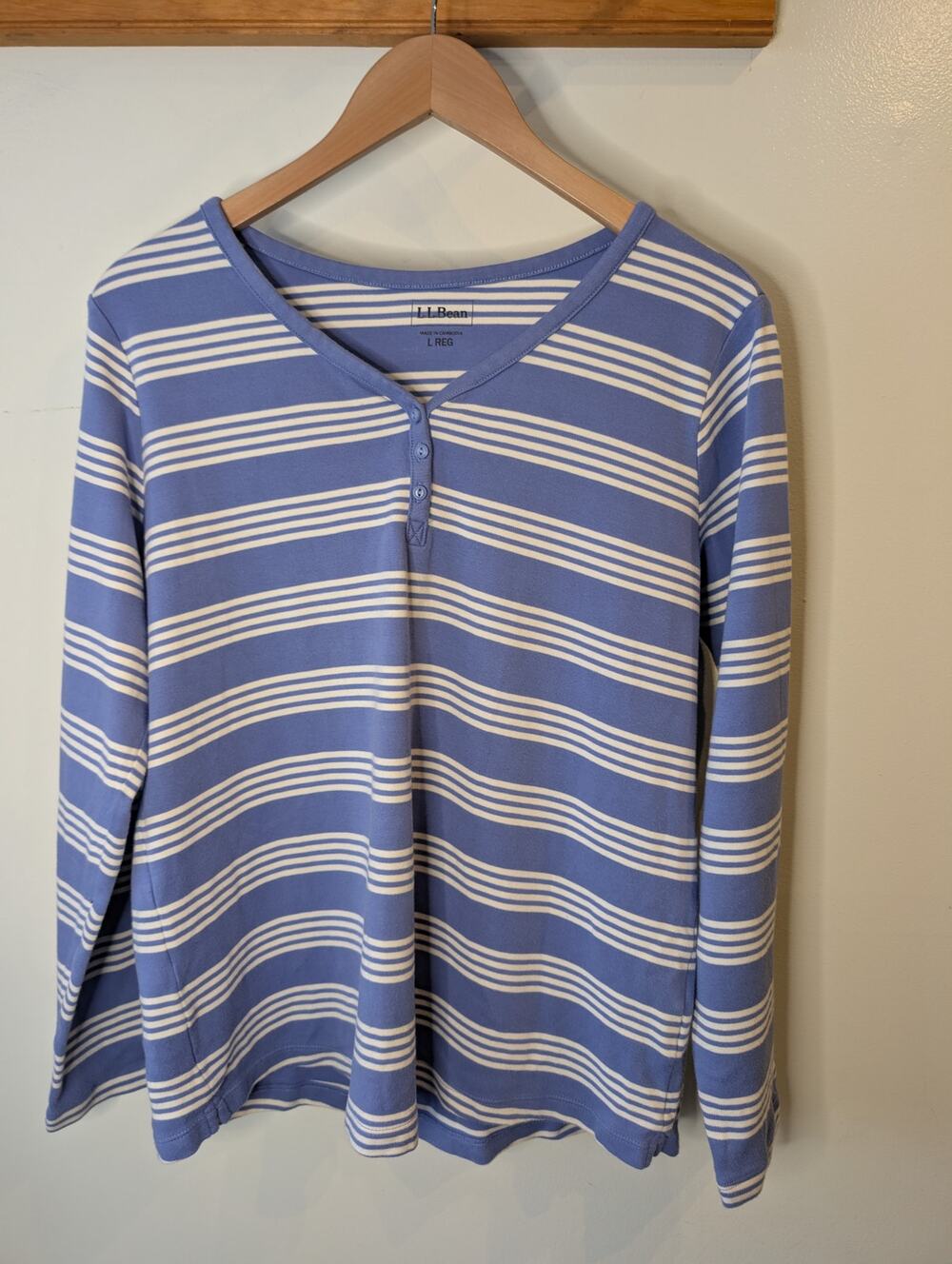 L.L.Bean Womens Blue White Striped Cotton Henley Long Sleeve Shirt Top Large